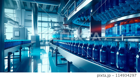 Beverage production process on a conveyor belt at a carbonated drink factory - AI generated image 114934297