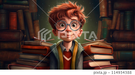Young schoolboy learning homework, back to school - AI generated image 114934388