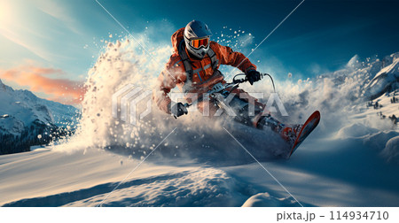 Snowmobile driving down the mountain - AI generated image 114934710