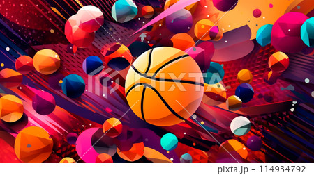 Abstract basketball panoramic background, orange basketball - AI generated image 114934792