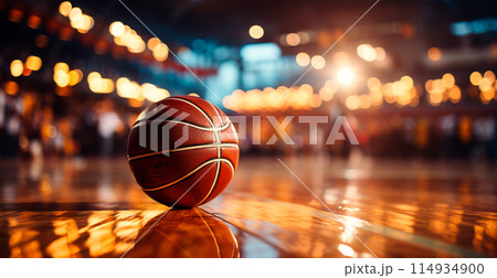 Basketball on a basketball arena, sports arena, new sports parquet - AI generated image Basketball on a basketball arena, sports arena, new sports parquet - AI generated image 114934900
