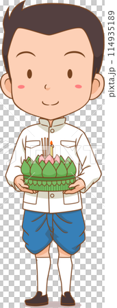 Cartoon character of man in traditional Thai costume holding a Krathong. 114935189