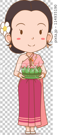 Cartoon character of woman in traditional Thai costume holding a Krathong. 114935190