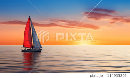 The crimson sails of a sailboat catch the rays of the setting su The crimson sails of a sailboat catch the rays of the setting su 114935293