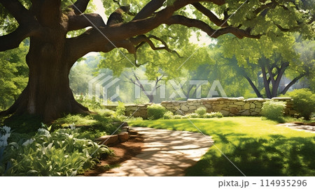 A large oak tree shades a stone path in a lush green garden 114935296