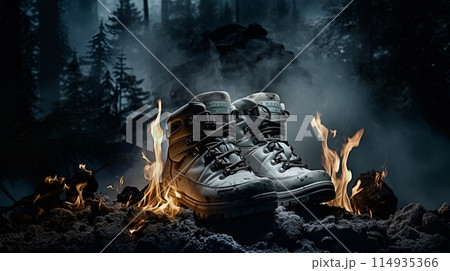 A pair of hiking boots sits in front of a campfire in the wilder A pair of hiking boots sits in front of a campfire in the wilder 114935366