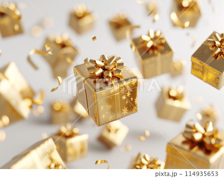 gift boxes floating in the air, golden color theme isolated on white background, 114935653