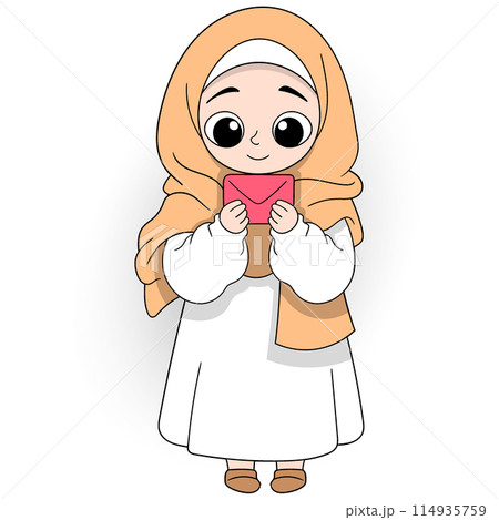 beautiful woman wearing a hijab holding a letter to a man 114935759