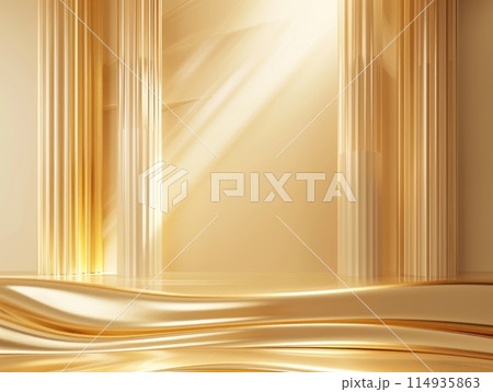 A golden background with a soft gradient, featuring two vertical columns on the left and right sides, creating an elegant display for product presentation. 114935863