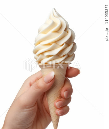 hand of a woman holding an ice cream, isolated white background hand of a woman holding an ice cream, isolated white background 114935875