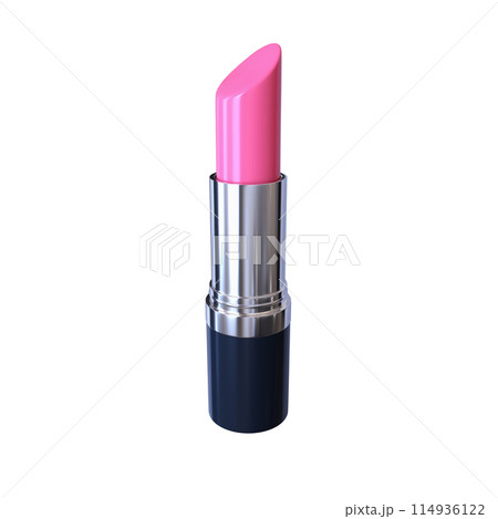 Pink lipstick in black and silver tube close up isolated 3d rendered illustration. Lip makeup accessory. Cosmetics clipart design element. Glossy glamour fashion product. 114936122