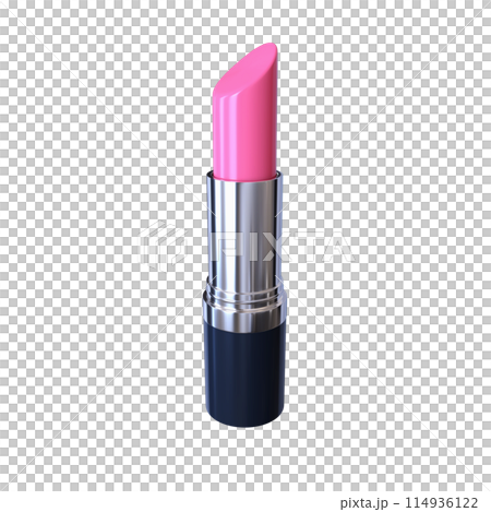 Pink lipstick in black and silver tube close up isolated 3d rendered illustration. Lip makeup accessory. Cosmetics clipart design element. Glossy glamour fashion product. 114936122