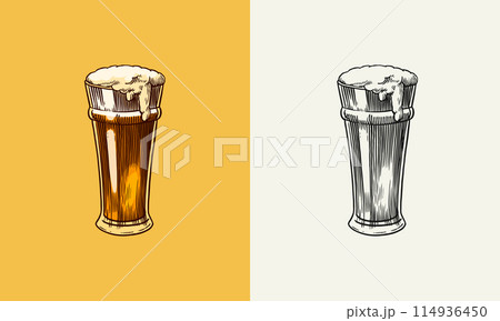 Beer, classical alcohol. Glass mug with drink. Cheers toast. Engraved in ink hand drawn in old Beer, classical alcohol. Glass mug with drink. Cheers toast. Engraved in ink hand drawn in old 114936450
