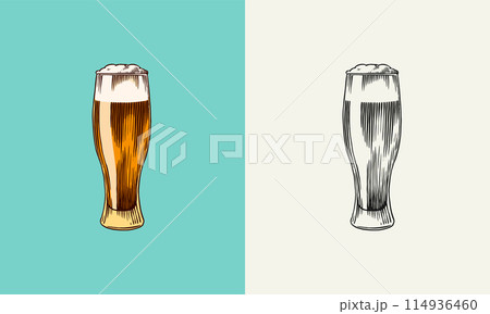 Beer, classical alcohol. Glass mug with drink. Cheers toast. Engraved in ink hand drawn in old Beer, classical alcohol. Glass mug with drink. Cheers toast. Engraved in ink hand drawn in old 114936460