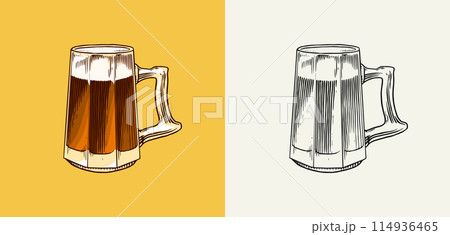 Beer, classical alcohol. Glass mug with drink. Cheers toast. Engraved in ink hand drawn in old Beer, classical alcohol. Glass mug with drink. Cheers toast. Engraved in ink hand drawn in old 114936465