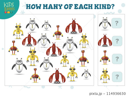 How many of each kind cartoon robot counting game for kids vector illustration How many of each kind cartoon robot counting game for kids vector illustration 114936630
