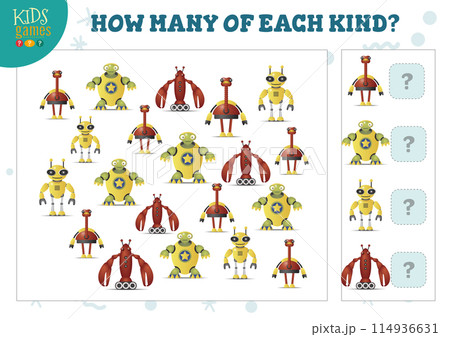 How many of each kind cartoon robot kids counting game vector illustration How many of each kind cartoon robot kids counting game vector illustration 114936631