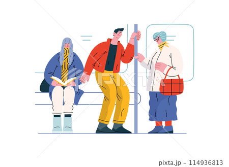 Mutual Support Giving up seat in public transport -modern flat vector concept illustration of man offering his seat to elderly woman on bus A metaphor of voluntary, collaborative exchanges of services 114936813