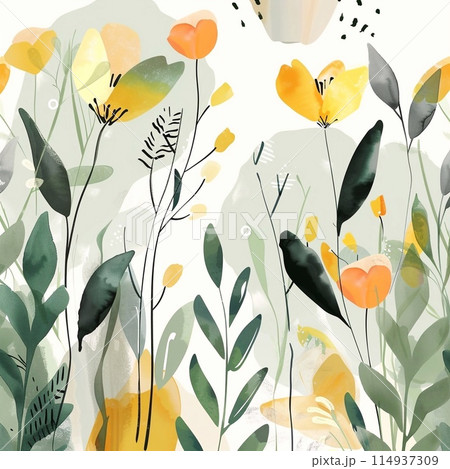 Wallpaper in a minimalist style in pastel colors of flowers and botanical leaves, yellow and green, painted in watercolor. Wallpaper in a minimalist style in pastel colors of flowers and botanical leaves, yellow and green, painted in watercolor. 114937309