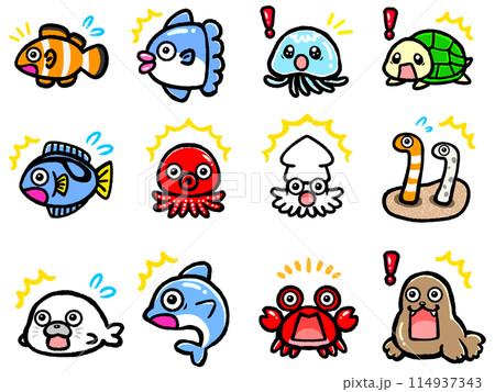 びっくりするかわいい水族館の生き物のアイコン素材セット びっくりするかわいい水族館の生き物のアイコン素材セット 114937343