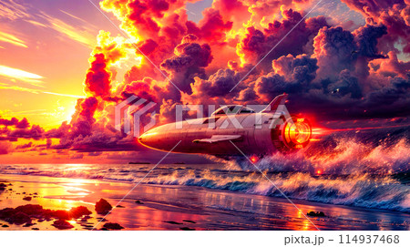 Large jetliner flying through cloudy sky over body of water. Large jetliner flying through cloudy sky over body of water. 114937468