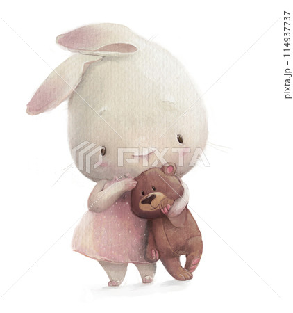 cute little hare girl with a teddy bear cute little hare girl with a teddy bear 114937737