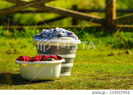 Washing laundry on holidays trip. Washing laundry on holidays trip. 114937958