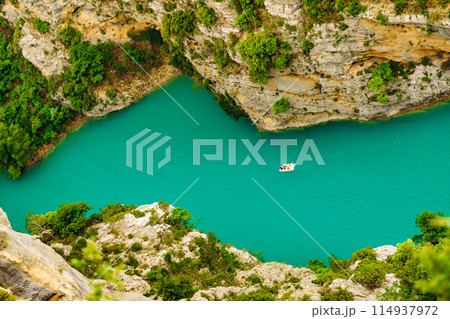 Boats on water, Verdon Gorge in Provence France. Boats on water, Verdon Gorge in Provence France. 114937972