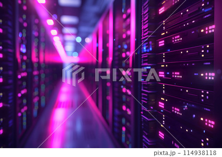 Server room with neon high contrast lighting Server room with neon high contrast lighting 114938118