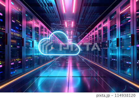 flat cloud icon hologram in a server room hallway 114938120