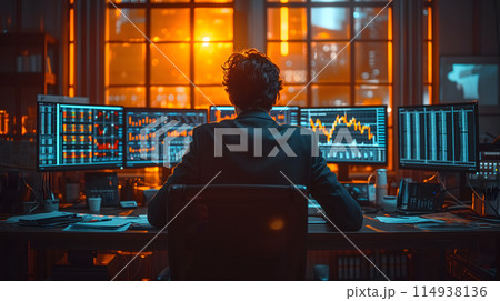 Back view of a financial analyst day trader working on computer with many screens that shows real-time stock data. Back view of a financial analyst day trader working on computer with many screens that shows real-time stock data. 114938136