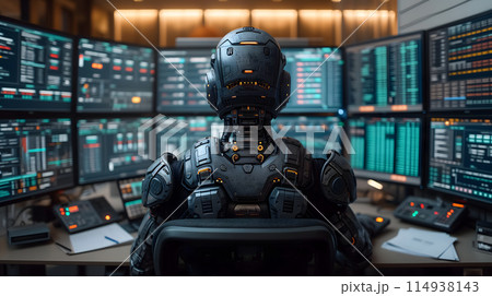 Back view of a financial analyst day trader robot working on computer with many screens that shows real-time stock data. 114938143