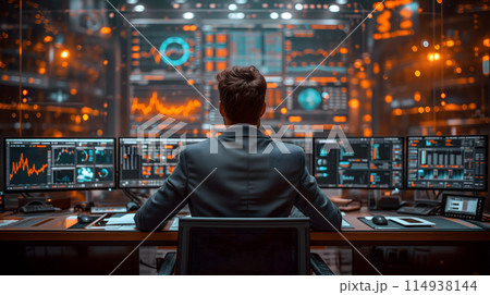 Back view of a financial analyst day trader working on computer with many screens that shows real-time stock data. 114938144