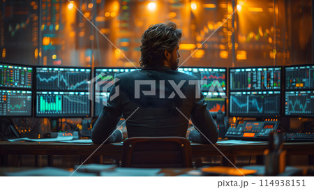 Back view of a financial analyst day trader working on computer with many screens that shows real-time stock data. Back view of a financial analyst day trader working on computer with many screens that shows real-time stock data. 114938151