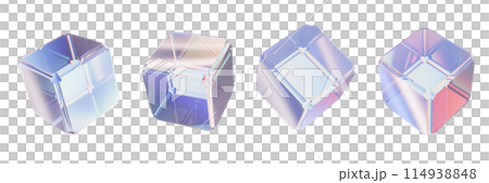 3D transparent cube set, glasses geometric abstract shape render icon, crystal holographic block.  114938848