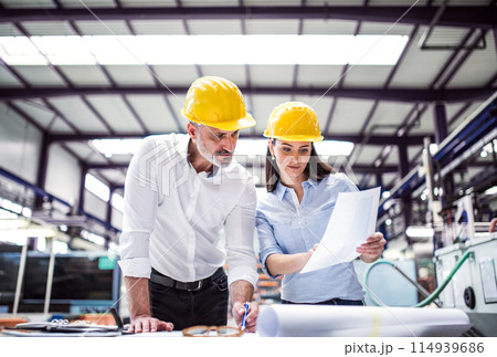 Two project managers standing in modern industrial factory. Manufacturing facility with robotics, robotic arms and automation. Storing products and materials in warehouse. 114939686