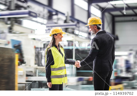 Female warehouse manager talking with logistics employee in warehouse, planning transport of products, goods, talking shipping process. 114939702