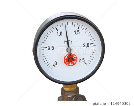 Old circular industrial pressure gauges isolated on a white background 114940305