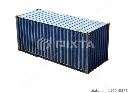 Standard blue cargo container isolated on white background, side view 114940371