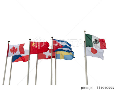 Flags of foreign countries on flagpoles isolated on a white background Flags of foreign countries on flagpoles isolated on a white background 114940553