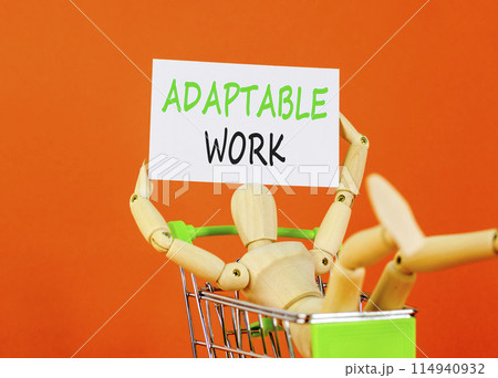 Adaptable work symbol. Concept words Adaptable work on beautiful white paper. Beautiful orange background. Businessman model in pushcart. Business Adaptable work concept. Copy space. 114940932