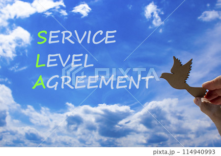 SLA service level agreement symbol. Concept words SLA service level agreement on beautiful blue sky clouds background. Wooden bird. Business SLA service level agreement concept. Copy space. SLA service level agreement symbol. Concept words SLA service level agreement on beautiful blue sky clouds background. Wooden bird. Business SLA service level agreement concept. Copy space. 114940993