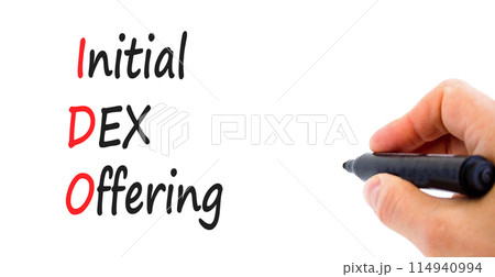 IDO initial DEX offering symbol. Concept words IDO initial DEX offering on beautiful white paper. Beautiful white background. Businessman hand. Business IDO initial DEX offering concept. Copy space. 114940994