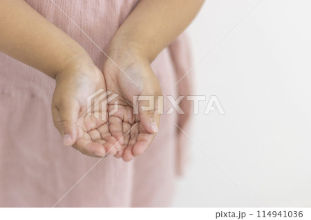 手の受け皿を作る女の子(顔無し、3歳、日本人) 手の受け皿を作る女の子(顔無し、3歳、日本人) 114941036