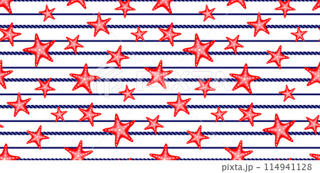 Coastal, sea life pattern cute red starfish  with nautical, sailor style rope on white background 114941128