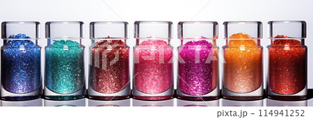 Banner with several of colorful bottles with glitter nail polish isolated on white background, concept of beauty and fashion 114941252