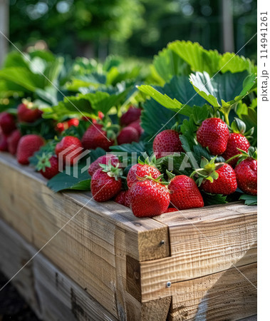 Ripe strawberries grow in raised bed made from...のイラスト素材 [114941261 ...