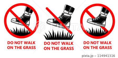 Do not walk grass lawn, no allowed foot shoes step on garden green plant icon set. Prohibition stand in boots on park flowers. Forbidden person leg footsteps on herb field. Warning stop sign vector 114941316