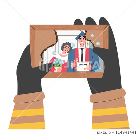 Fireman character hands seeing burnt photo and cry 114941441