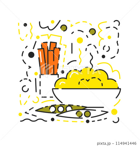Fried sweet potatoes, peas, mashed potatoes icon 114941446
